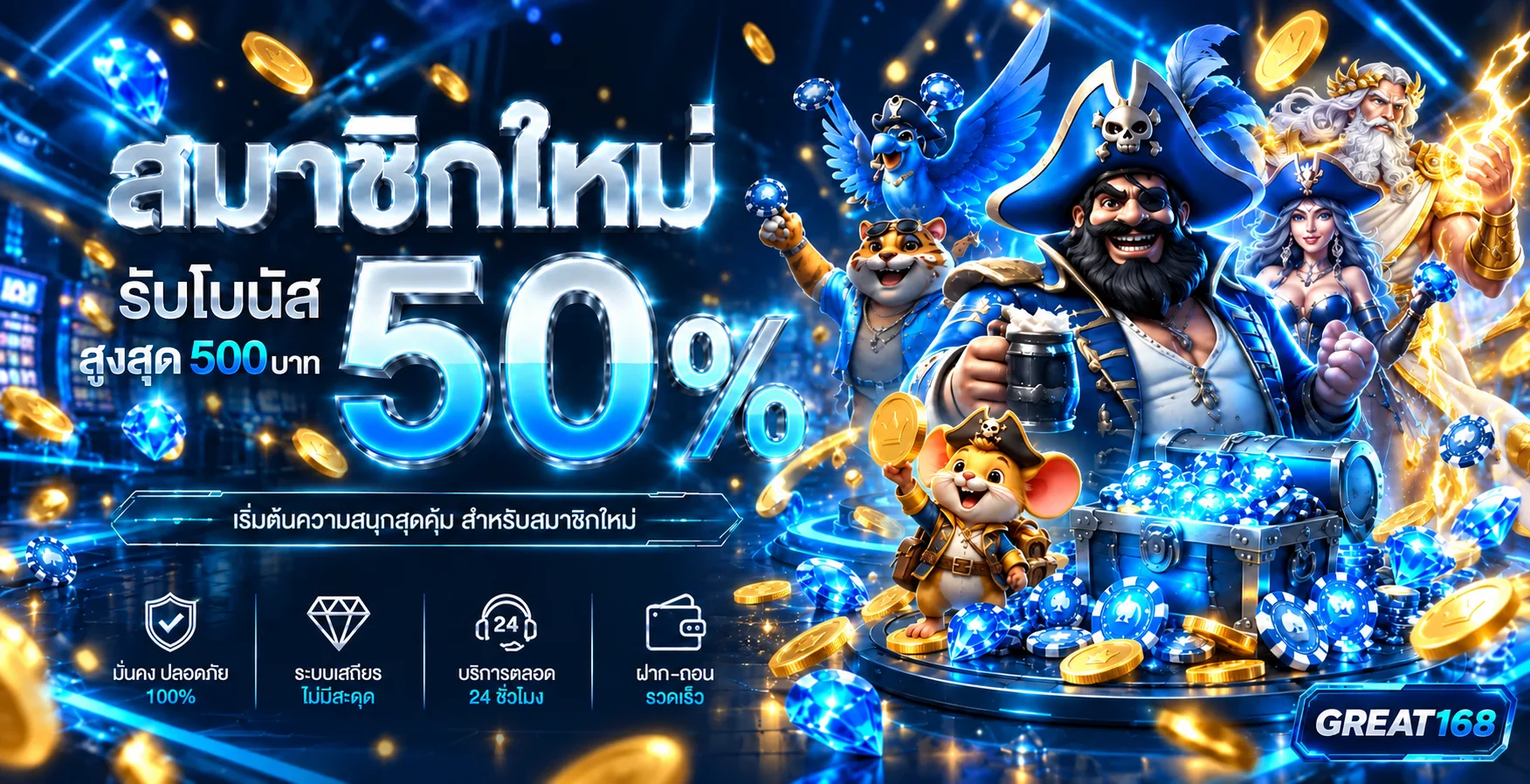 แบนเนอร์สมัครสมาชิก GREAT168 พร้อมสิทธิ์สำหรับผู้ใช้ใหม่